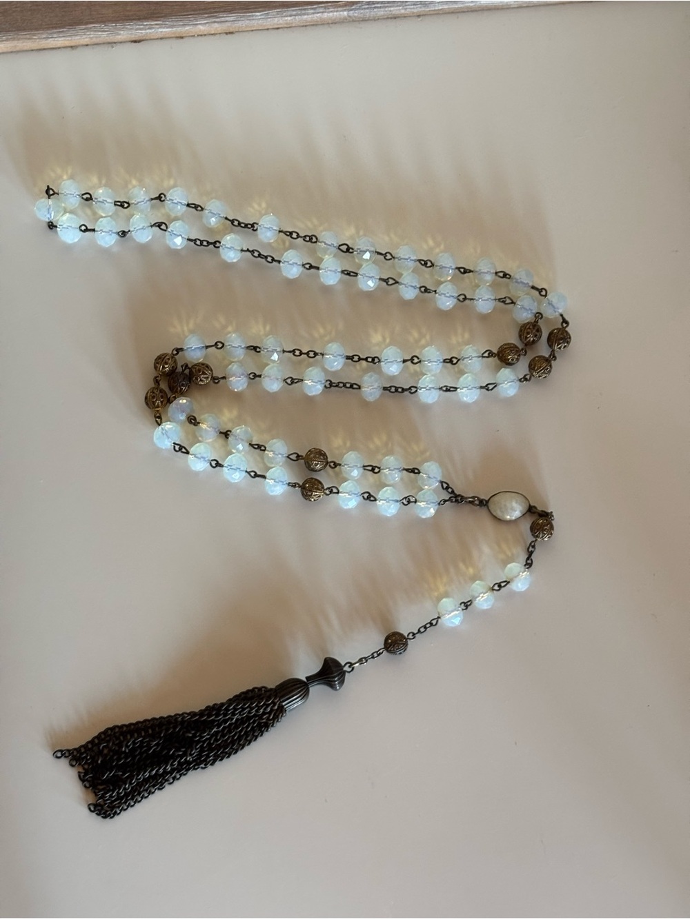Vintage Opalite Beaded Tassel Necklace | Art Deco Style Long Statement Necklace